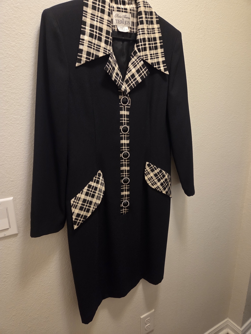 Rickie Freeman for Teri Jon Black Dress with Cream Plaid Trim